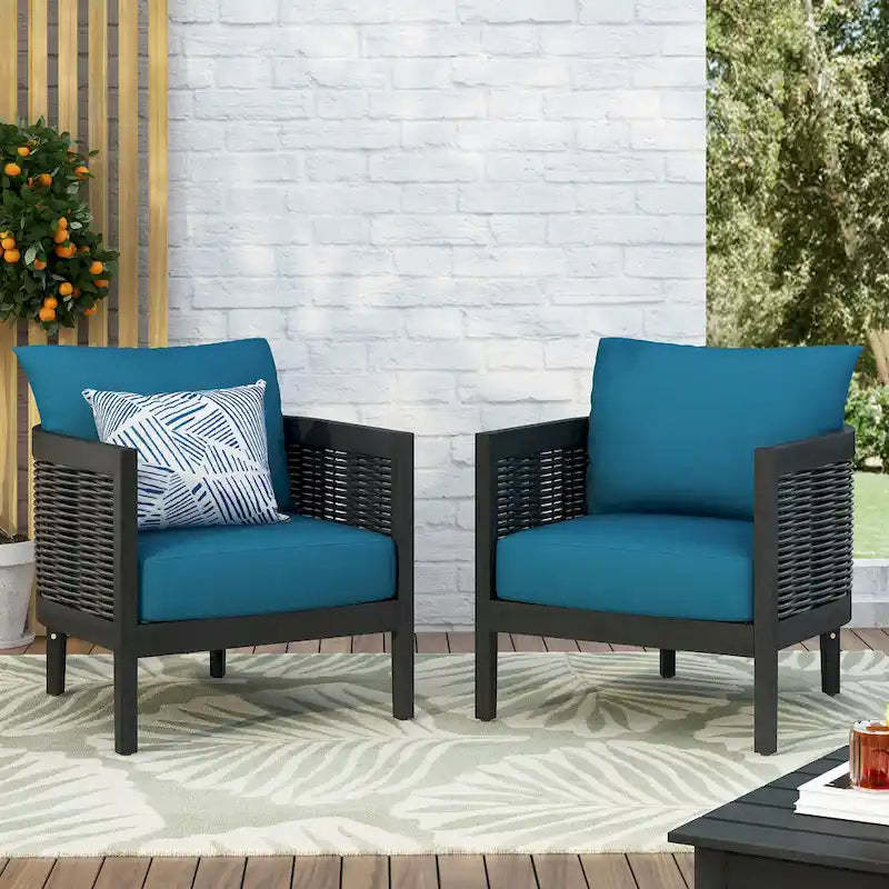 Set of 2, Outdoor Acacia Wood Wicker Club Chair with Cushions, Patio Furniture Conversation Seat for Backyard