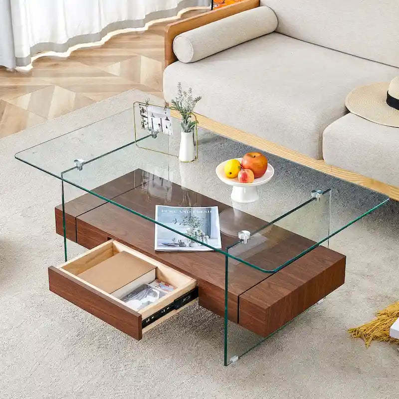 43.3 Inch Double Layer Coffee Table Storage Side Table with Open Storage Shelves, Drawers Glass Center Table End Table