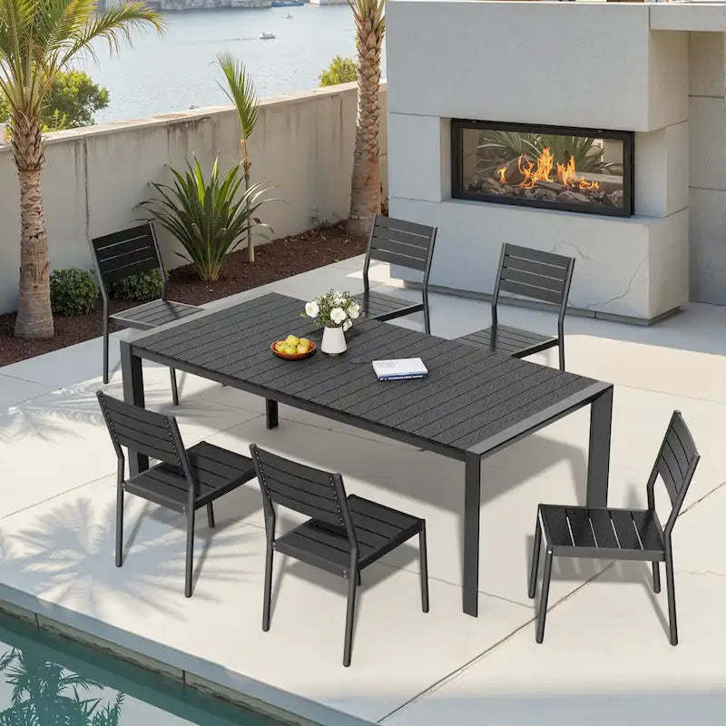 7-Piece Outdoor Patio Aluminum Dining Table with Stackable Dining Chairs