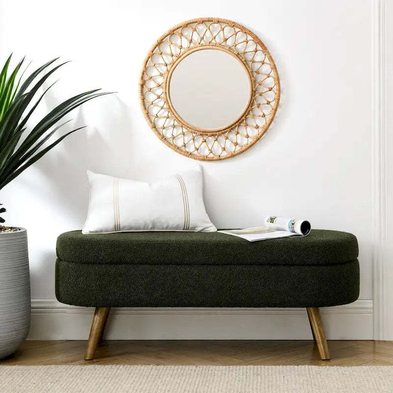 43.5 in. Oval Bedroom Bench Linen Fabric Upholstered Storage Ottoman Bench with Solid Wood Legs Entryway Bench