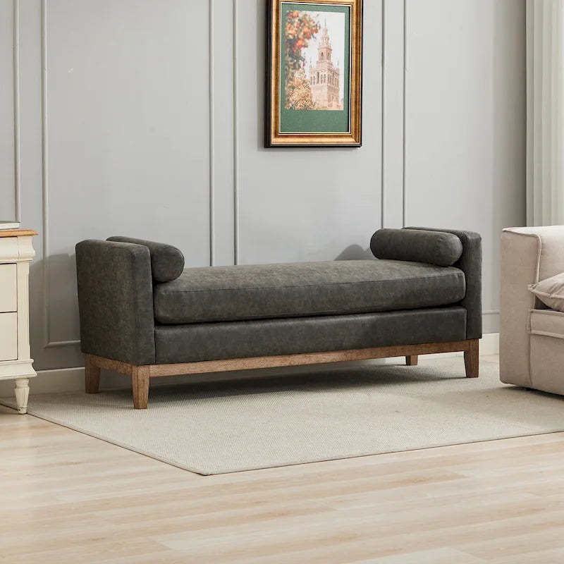 66.34W Elegant Upholstered Bench, Daybed, Ottoman with Wood Legs & 2 Bolster Pillows for End of Bed, Bedroom, Living Room