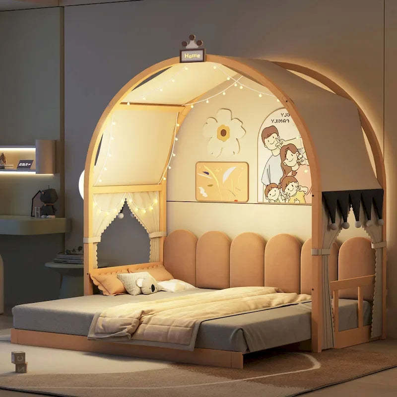 Solid Wood Playhouse Platform Bed Floor Montessori Bed Frame with Arched Roof and Trundle for Girls and Boys