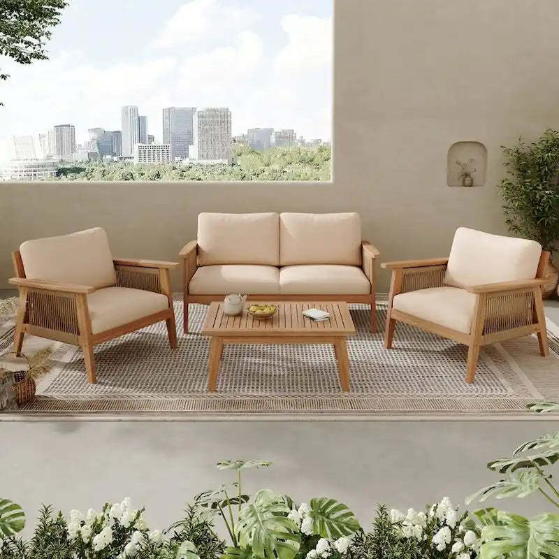 Modern Outdoor 4-piece Acacia Wood Sectional Sofa Set with Waterproof Cushions