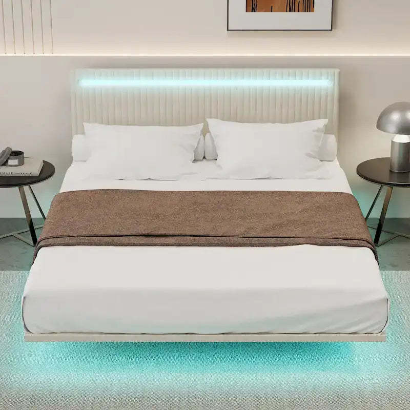 Roomfitters Full/Queen Size Floating Platform Bed Frame, Velvet Upholstery, Channel Tufted Headboard, No Box Spring Needed