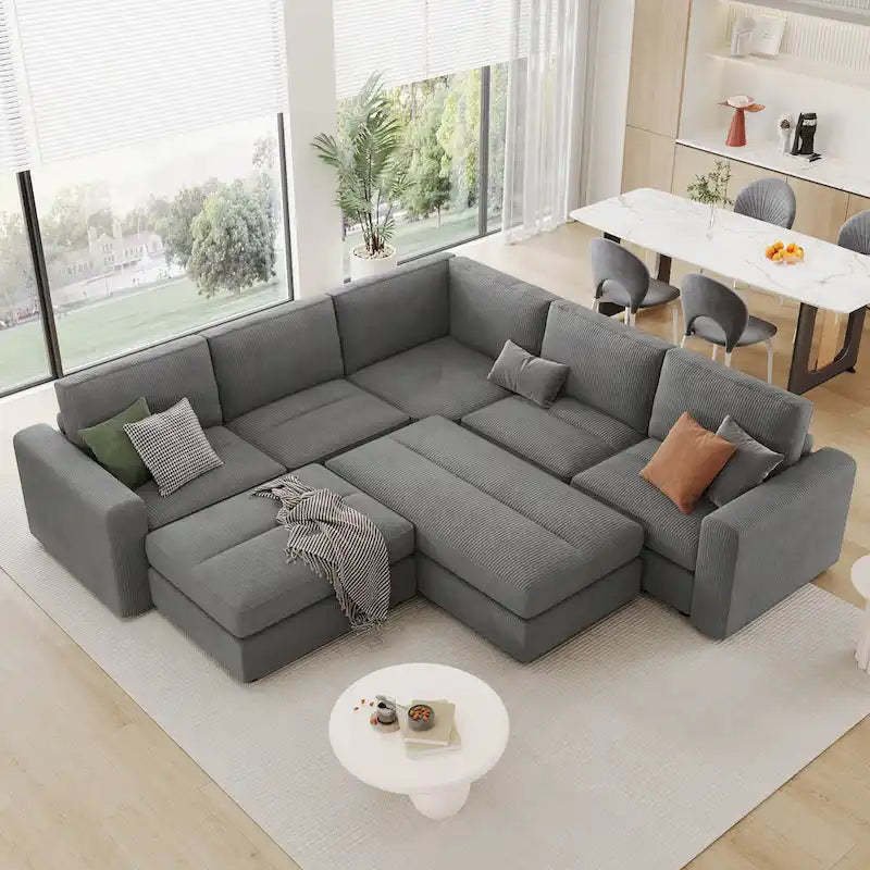 Corduroy Sectional Couch Sofa Bed, Modular Sectional Sofa Sleeper Recliner Sofa Couch with 2 Movable Ottomans for Living Room
