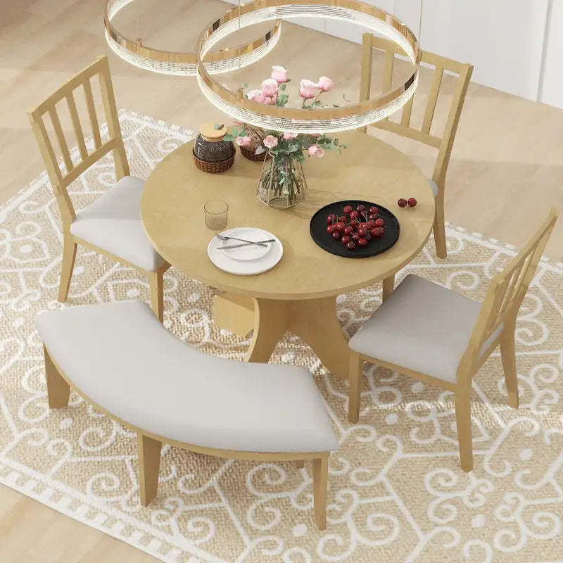 Modern Country Dining Table and Chair Sets Multi-Functional Dining Table and Chair Sets with Curved Table Base and Curved Bench
