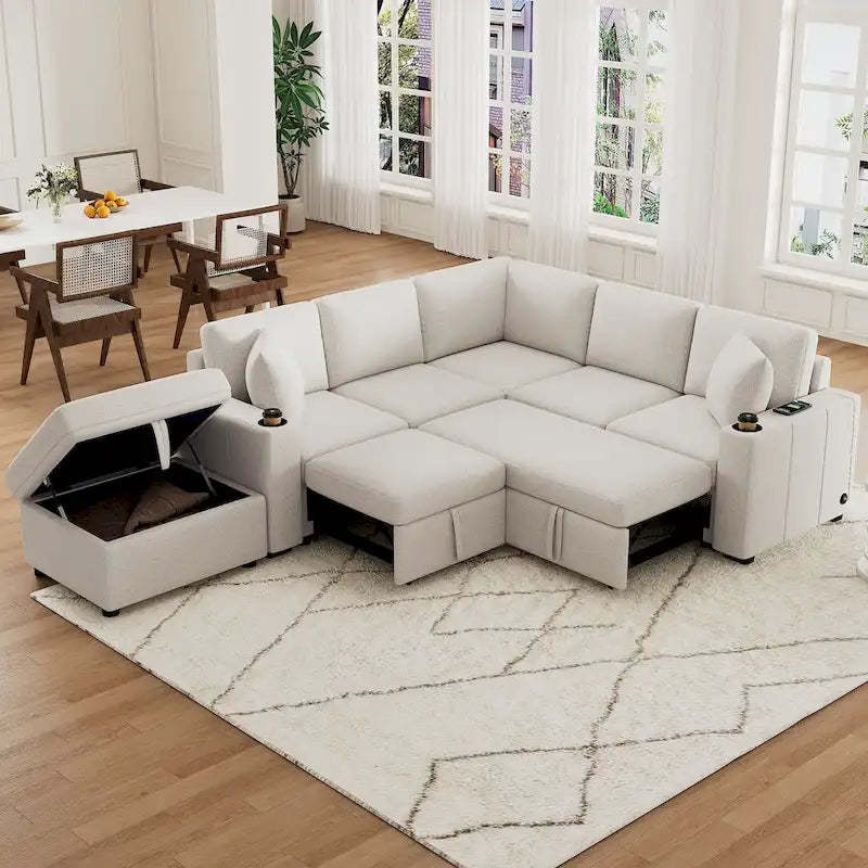 84.7 Chenille Sleeper Sectional Sofa with Storage & USB Ports