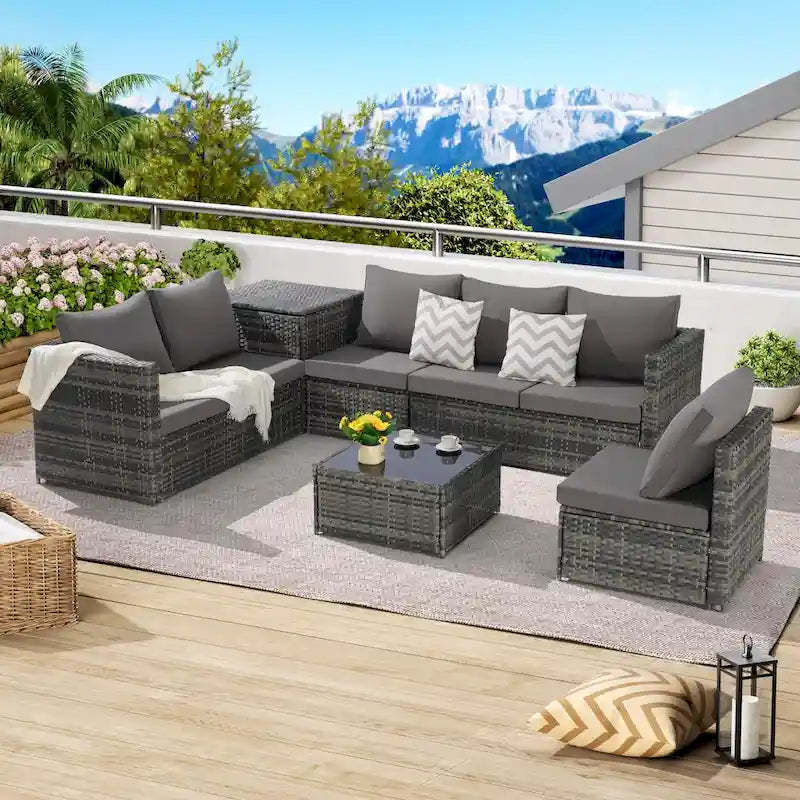 6-Piece Wicker Sectional Sofa Set with Corner & Glass Table