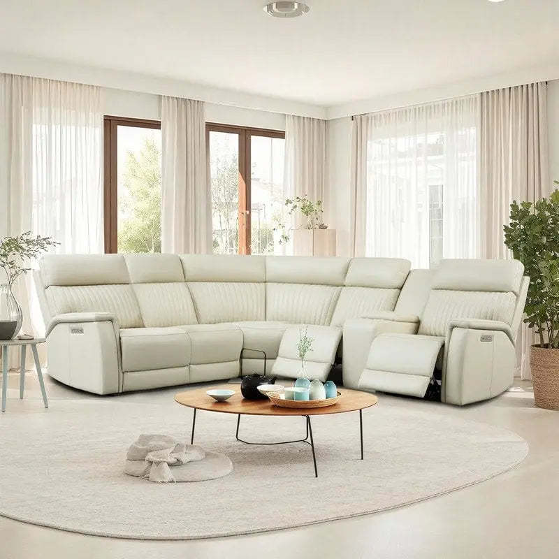Genuine Leather Power Recliner Sectional Sofa with Console, Ajustable Headrest, USB&USB-C Port, 1 Power Armlesschair