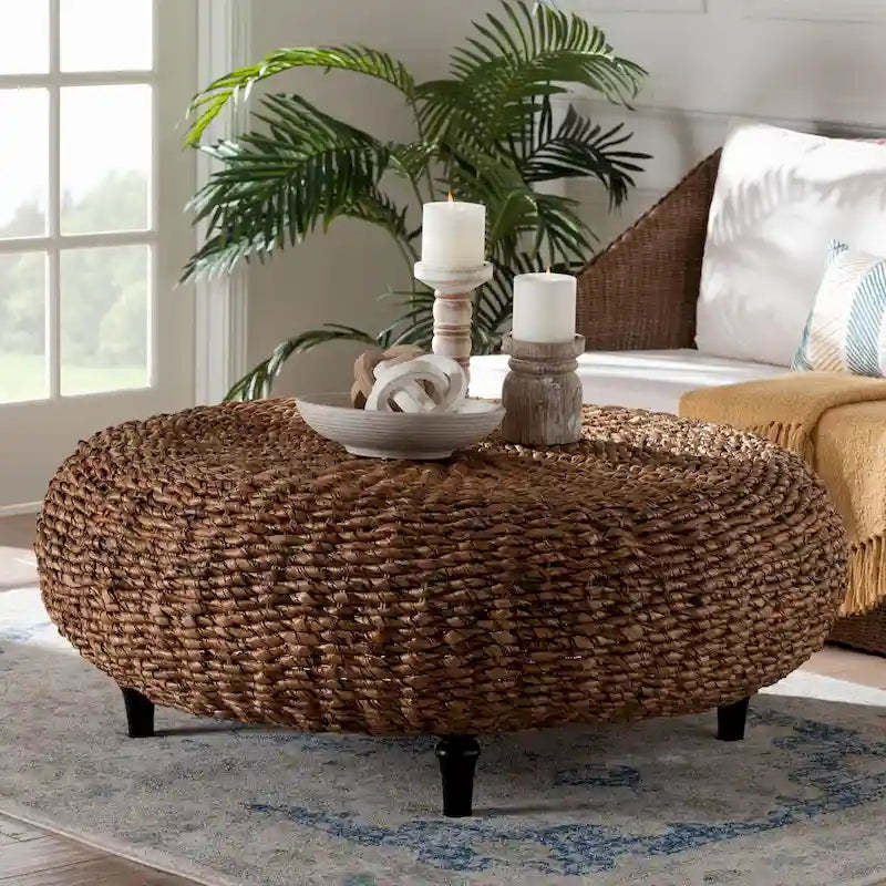 Riau Handwoven Seagrass Coffee Table with Wooden Legs - Natural Wicker Round Living Room Table for Living Room or Bedroom Dcor