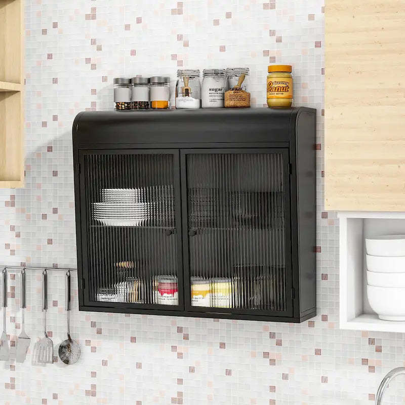 2-Door Wall-Mounted Metal Storage Cabinet with Tempered Glass Doors & Shelves for Bathroom, Kitchen, Living Room & Office