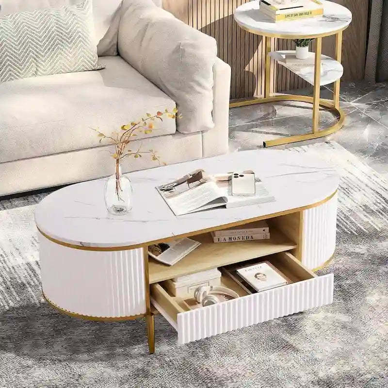 Modern Oval Coffee Table with Drawers for Living Room - N/A
