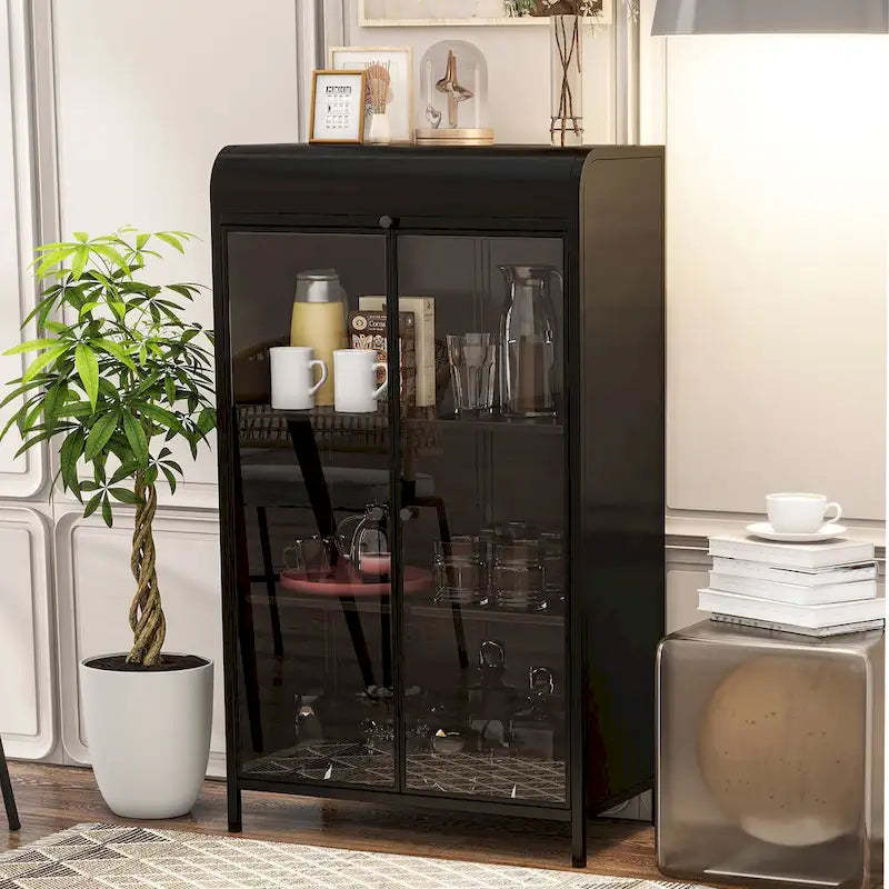 47.6Tall Metal Cabinet with Glass Doors&Flip-Top,4-Tier Display Cabinet with Open Shelves,Freestanding Steel Sideboard Buffet