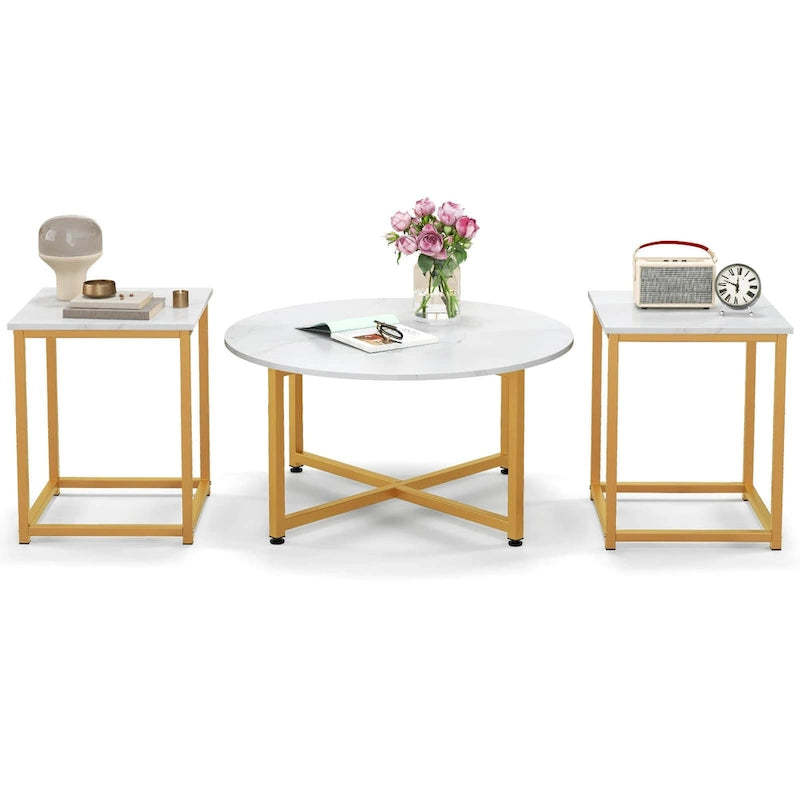 Costway 3 PCS Coffee Table Set Round Coffee Table and 2PCS Square End - See Details