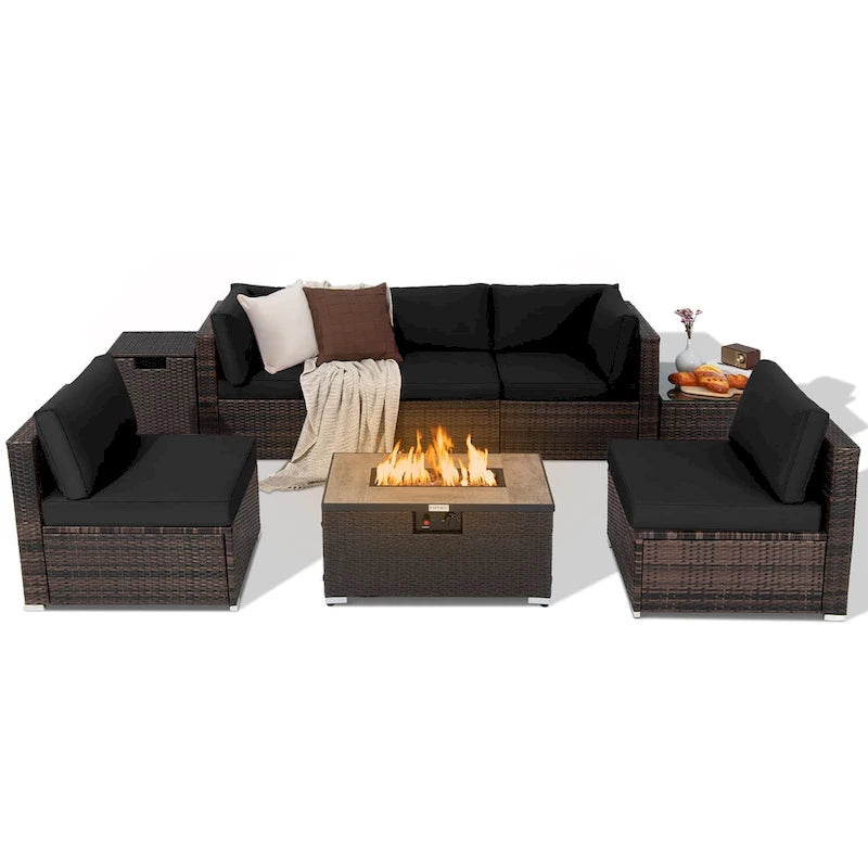 Costway 8PCS Patio Rattan Furniture Set Fire Pit Table Tank Holder - See Details