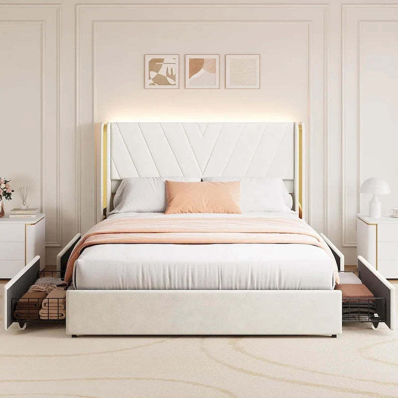 Upholstered Velvet Platform Bed Frame With Wingback Headboard and 4 Storage Drawers