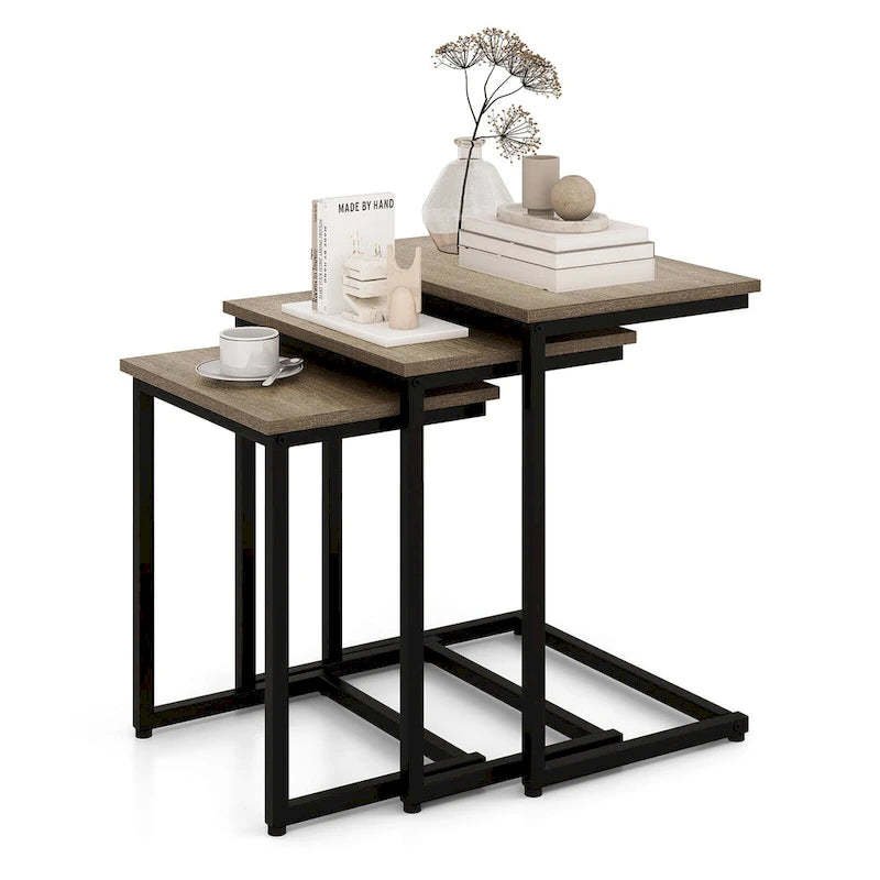 Gymax 3 Pcs Nesting Coffee End Table Set Stacking Side Nightstand