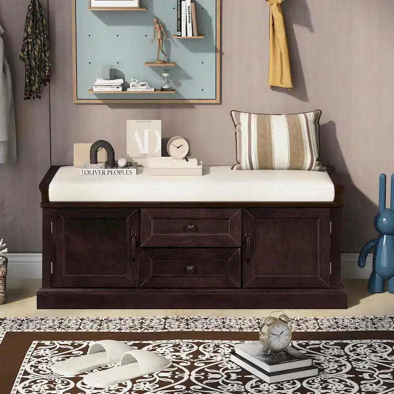 Solid Wood Storage Bench with 2 Drawers & 2 Cabinets, 42.5 Entryway Shoe Rack with Removable Cushion for Living Room Hallway