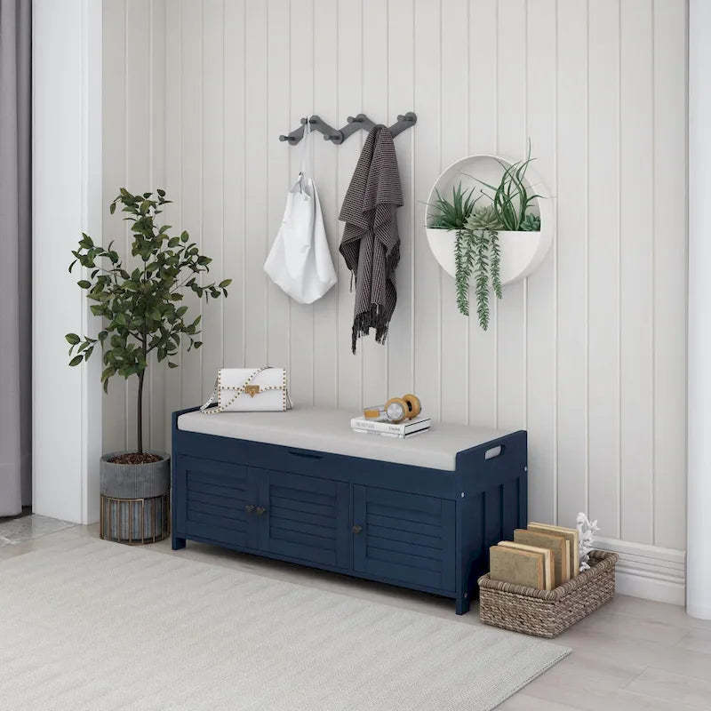 Wood Storage Bench with 3 Shutter-Shaped Doors and Flip-Open Storage Box, Entryway Shoe Bench with Adjustable Shelves