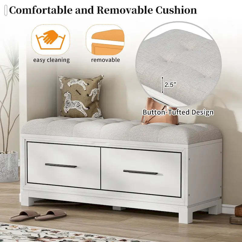 43 Shoe Bench with Removable Cushion & Lift Top Storage, Entryway Bench Wooden End of Bed Bench, Hidden Storage Space