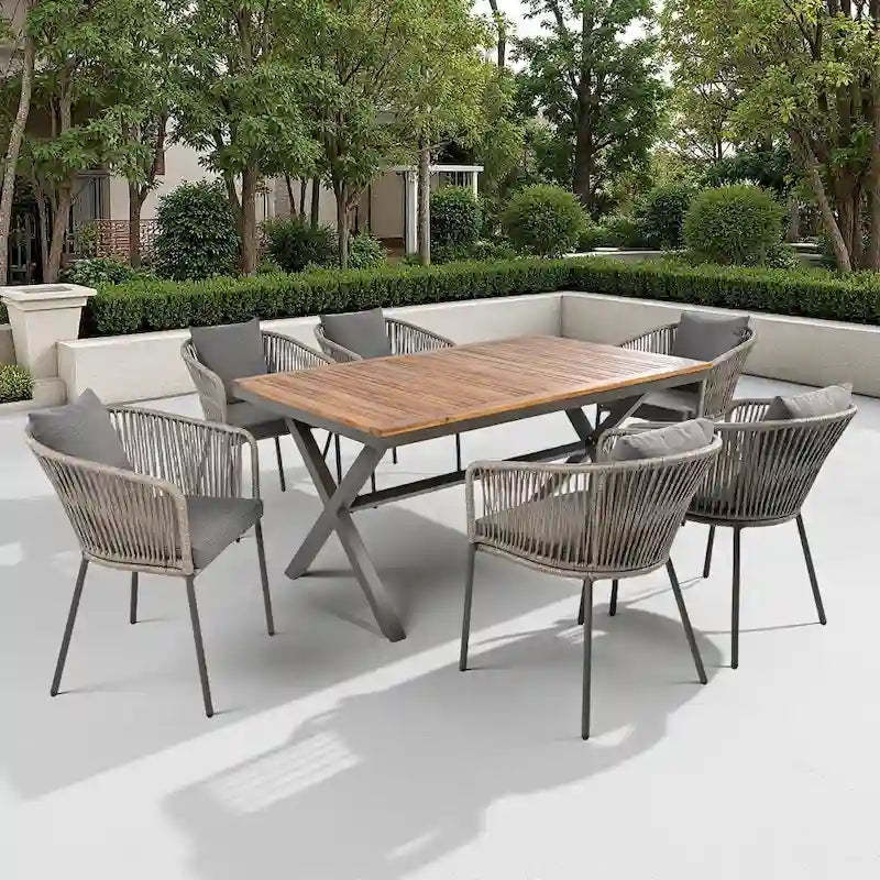 7-Piece Outdoor Patio Metal Frame Dining Set with 6 Cushioned Chairs and Acacia Wood Tabletop