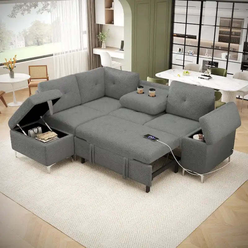 Upholstered L-Shaped Sleeper Sectional Sofa with Storage Space, 2 Cup Holders and 2 USB Ports Pull-out Sofa Bed