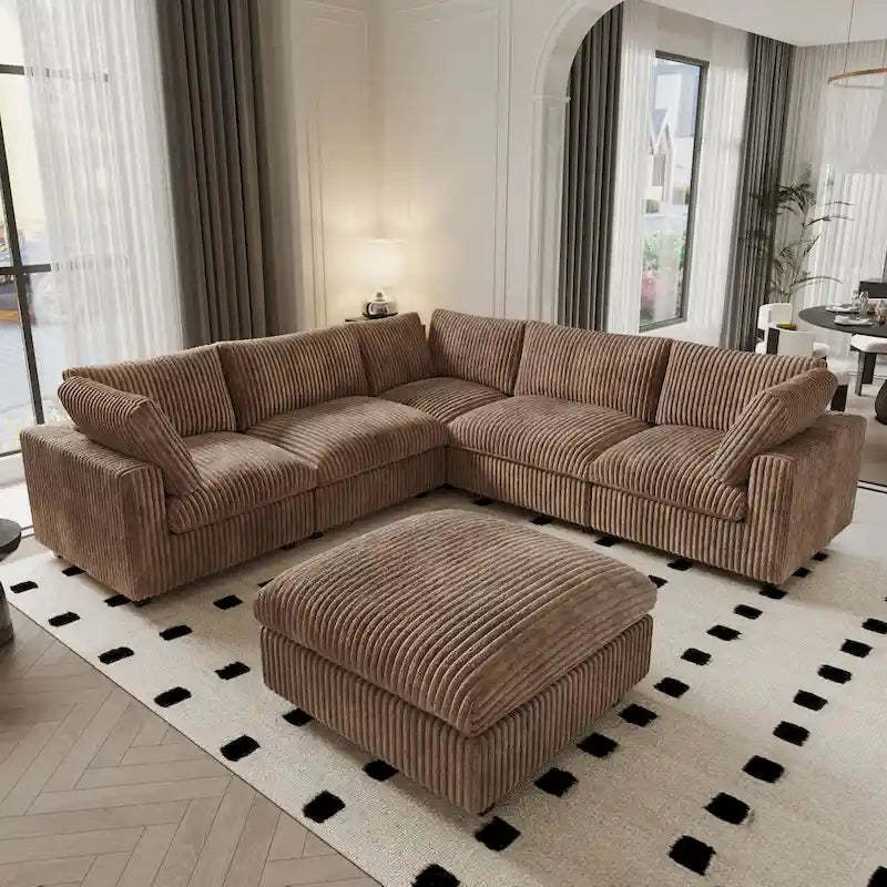 Modular Sectional Couch, Convertible V Shaped Sofa for Living Room, 5 Seat Comfy Modular Sofa With Chaise Ottoman