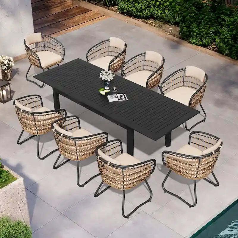 9PC Aluminum Extendable Patio Dining Table Outdoor Rectangular with Rattan Chair