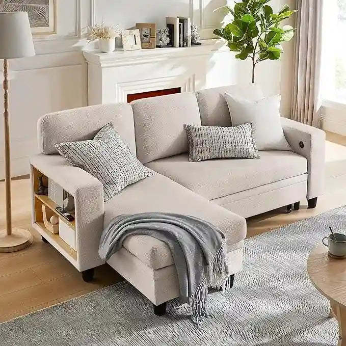 Modern Sleeper Sofa Bed, Couch Bed with Bookshelves & Charging Port