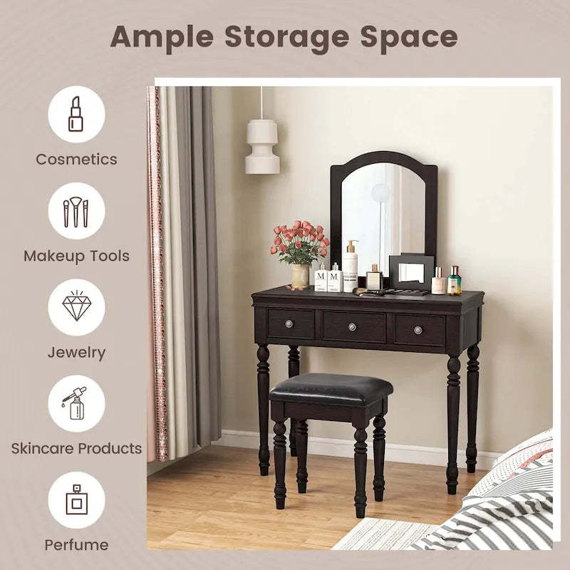 Costway Vanity Table Set Makeup Desk Cushioned Stool 3 Drawer Large - See Details