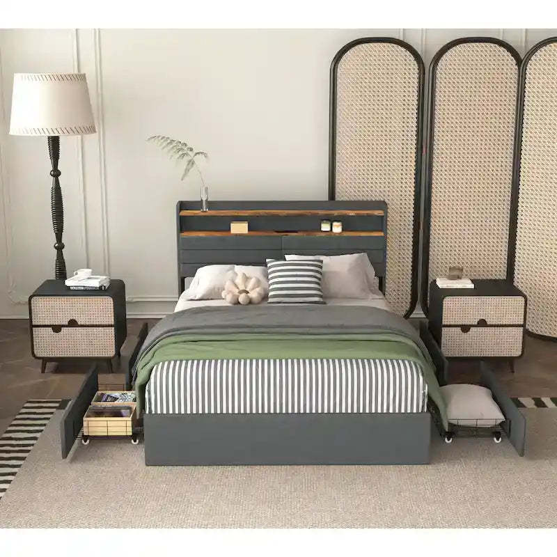 Queen Storage Bed - 4 Drawers, Upholstered Platform with LED & USB Charging
