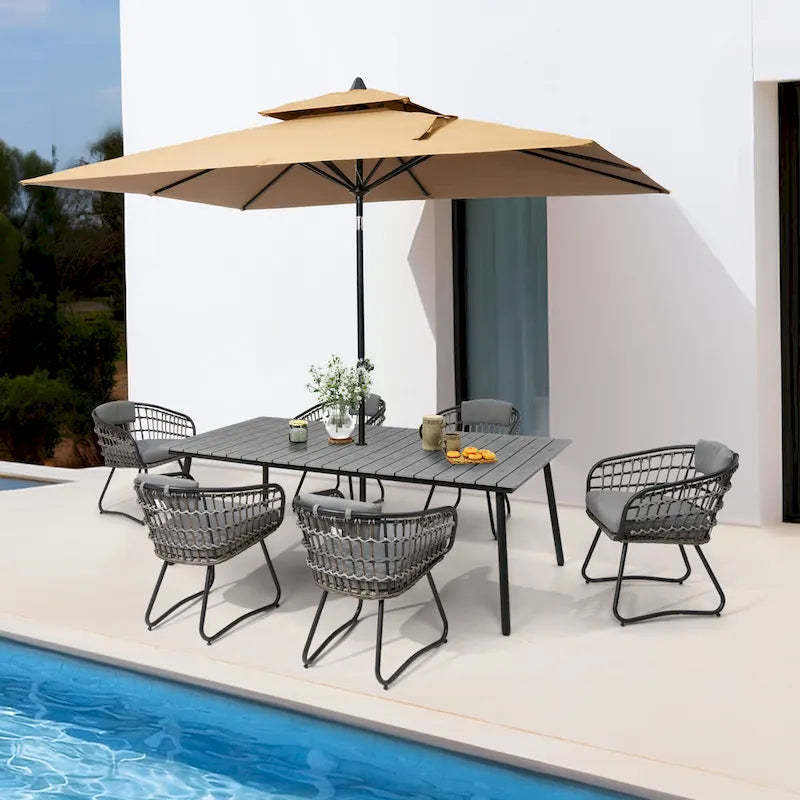 Outdoor 7 PC- Patio Rectangular Aluminum Dining Table Set with Umbrella Hole with Rattan Chair