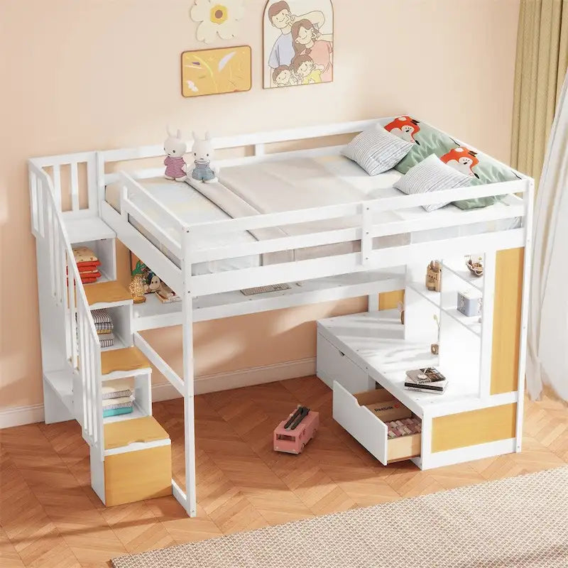 Full Size Loft Bed with Desk and Shelves,Two Drawers,Storage Staircase
