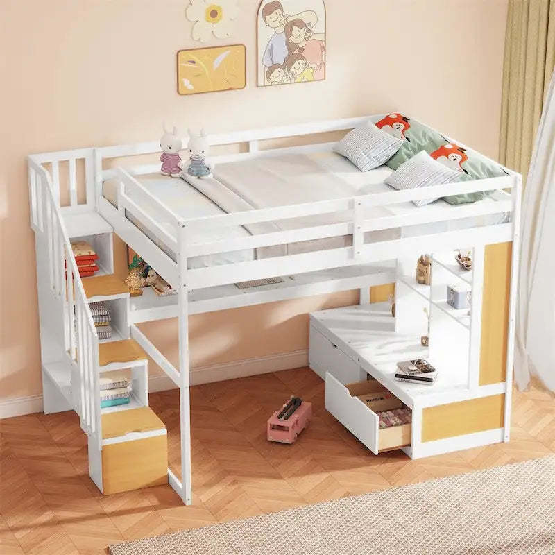 Full Size Loft Bed with Desk and Shelves,Two Drawers,Storage Staircase