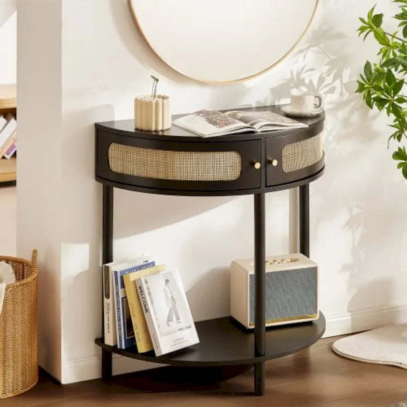 Half-Moon Rattan Console Table with Drawers & Sliding Door - 31.88 x 15.74 x 32.28 inch