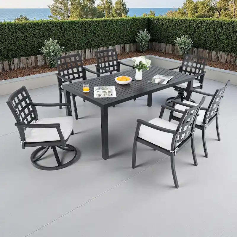 7-Piece Outdoor Patio Aluminum Dining Set with 67 Rectangular Table, 2 Swivel Rocker & 4 Armchairs, and Umbrella Hole