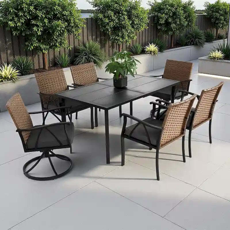 7-Piece Outdoor Patio Steel Dining Set with 59 Rectangular Table, 2 Swivel Rocker & 4 Armchairs, and Rattan Backrest