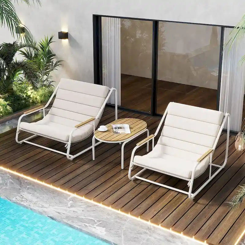 3-Piece Chaise Set, Adjustable with Wheels and Tables for Pool, Patio