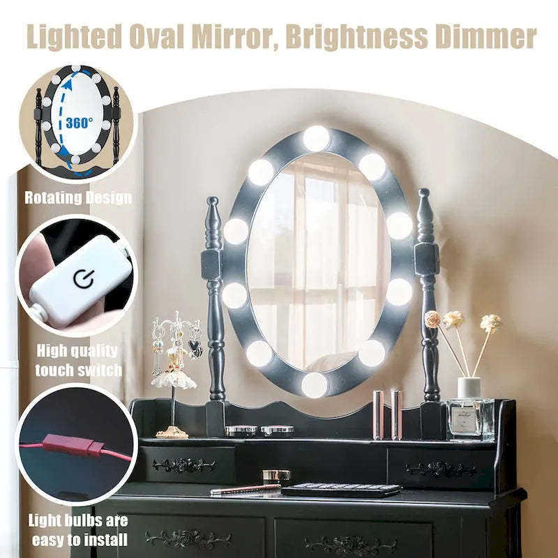 Costway Vanity Table Table 10 Dimmable Bulbs Black White Brown
