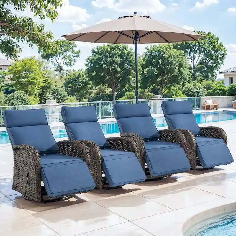 Pocassy 4PCS Versatile Outdoor Recliner Chair with Blue Cushion