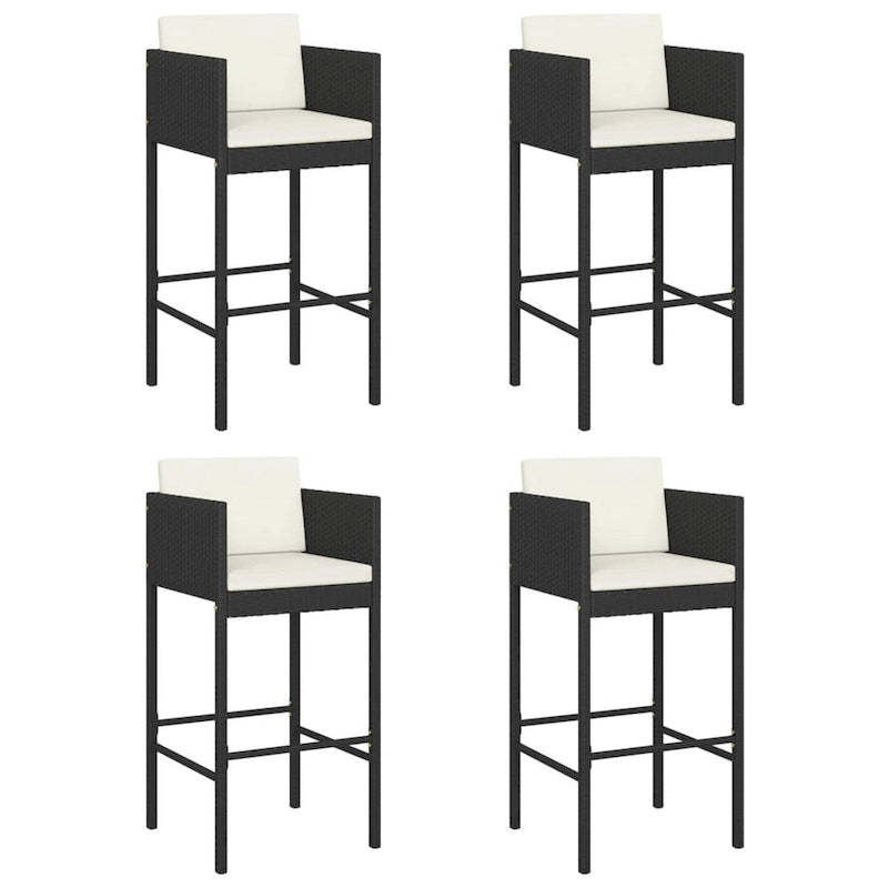 Outdoor Barstool Chair Set of 4, White Fabric Cushions, Black Rattan