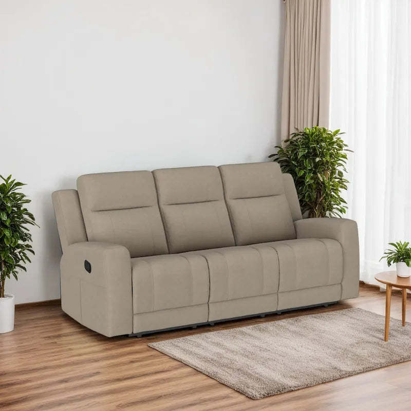 Krio Manual Recliner Sofa, 80 Inch Modern Taupe Brown Faux Leather