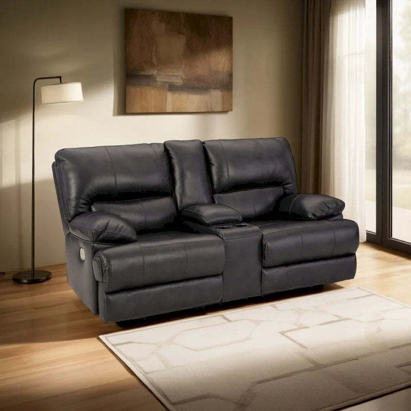 Monto Power Recliner Loveseat, Black Leather, Cupholders, 82 Inch
