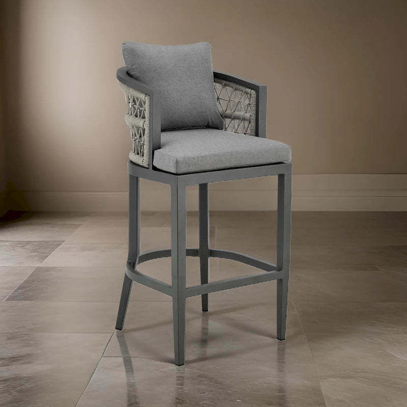 Hosa 26 Inch Outdoor Patio Counter Stool Chair, Gray Aluminum, Woven Rope