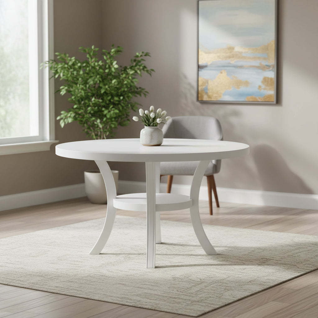 Judy Round Dining Table with Shelf and Flared Legs, White Wood 54 Inch