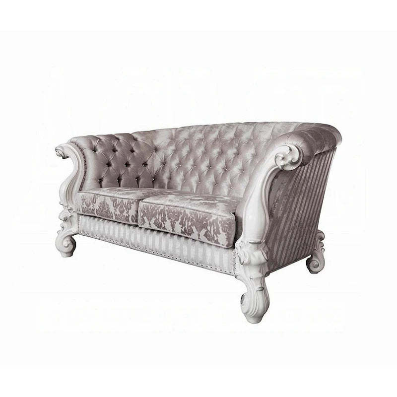 Kai Loveseat, 5 Pillows, Tufted Ivory Fabric, Scrolled, White, 76 Inch