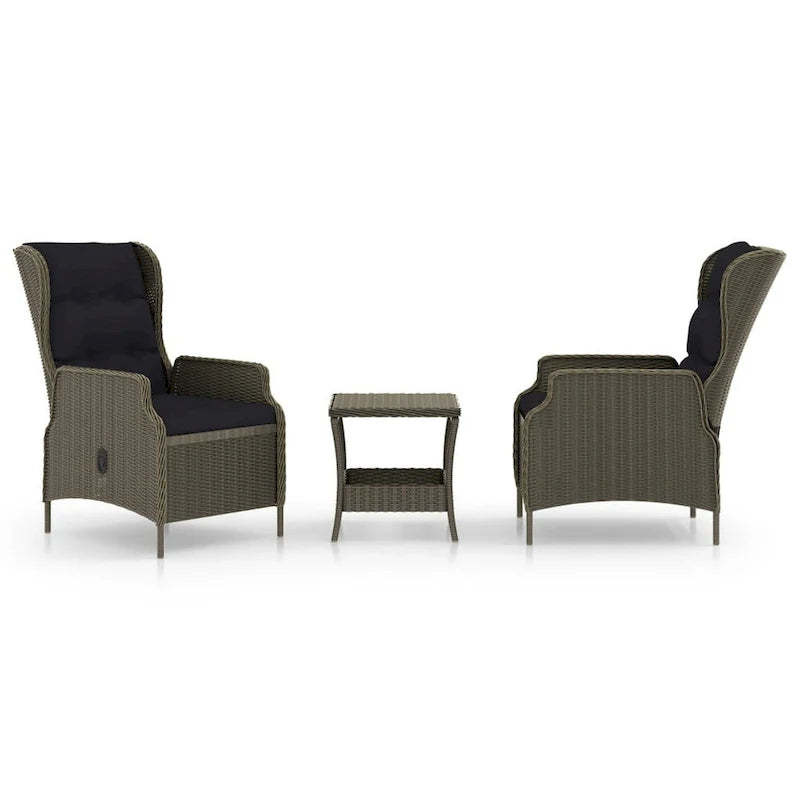 3pc Outdoor Lounge Chair Set with 1 End Table, Black, Brown Rattan