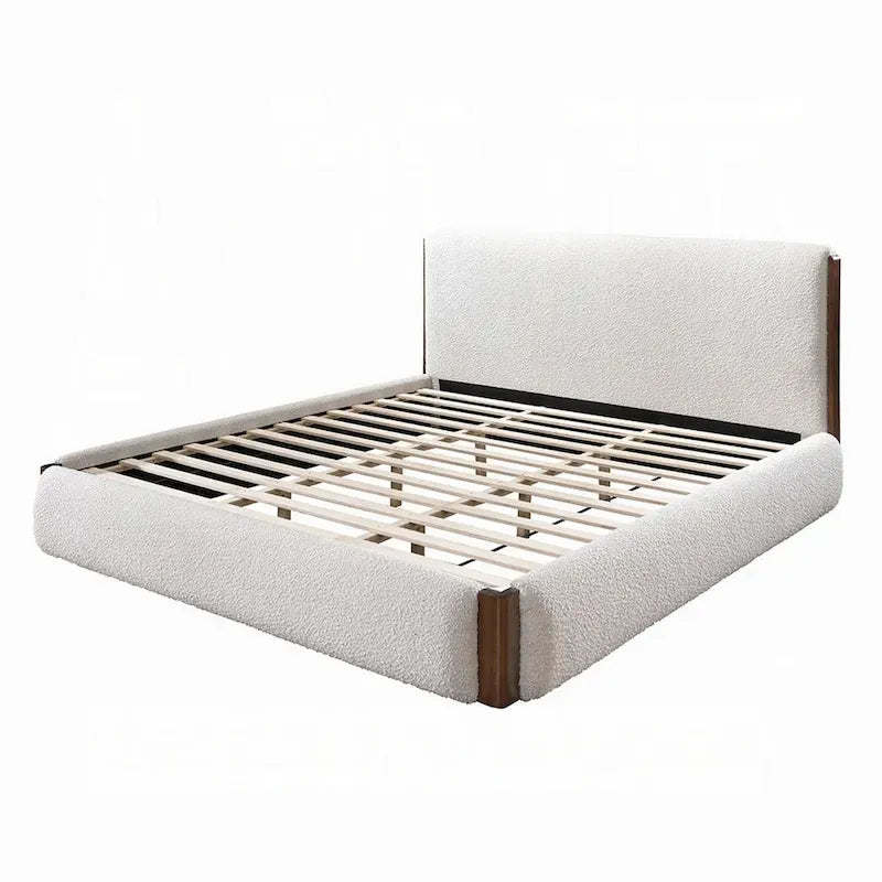 Fedro Queen Bed, Low Profile, White Boucle Upholstery, Walnut Brown