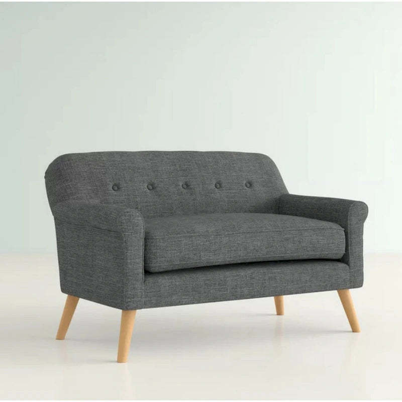 Loveseat, 50 Inch Smooth Tufted Gray Polyester, Natural Brown Wood