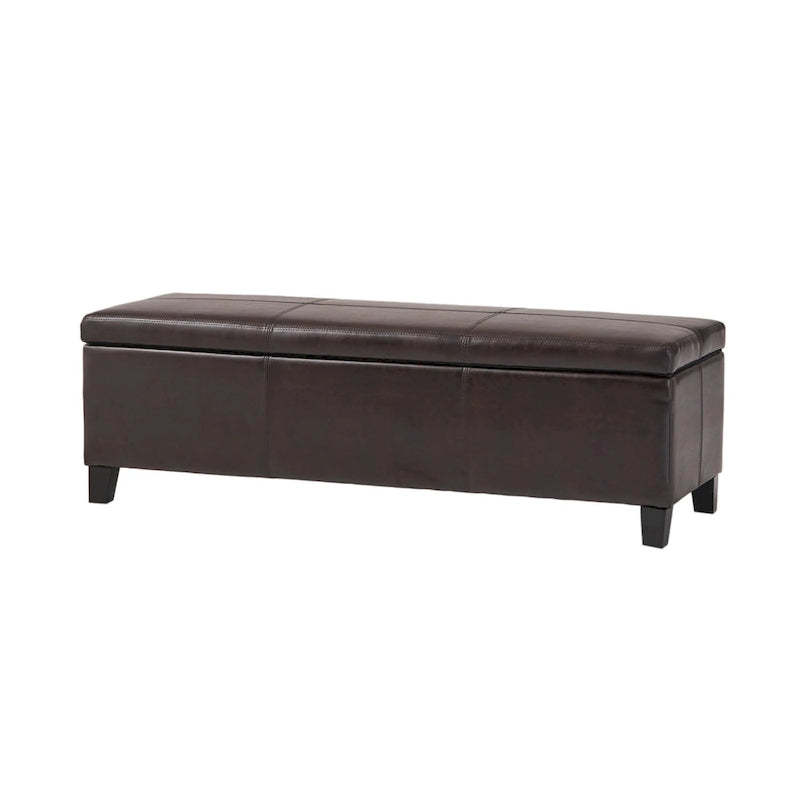 Elias Storage Ottoman Bench, Detailed Brown Faux Leather, 51 Inch